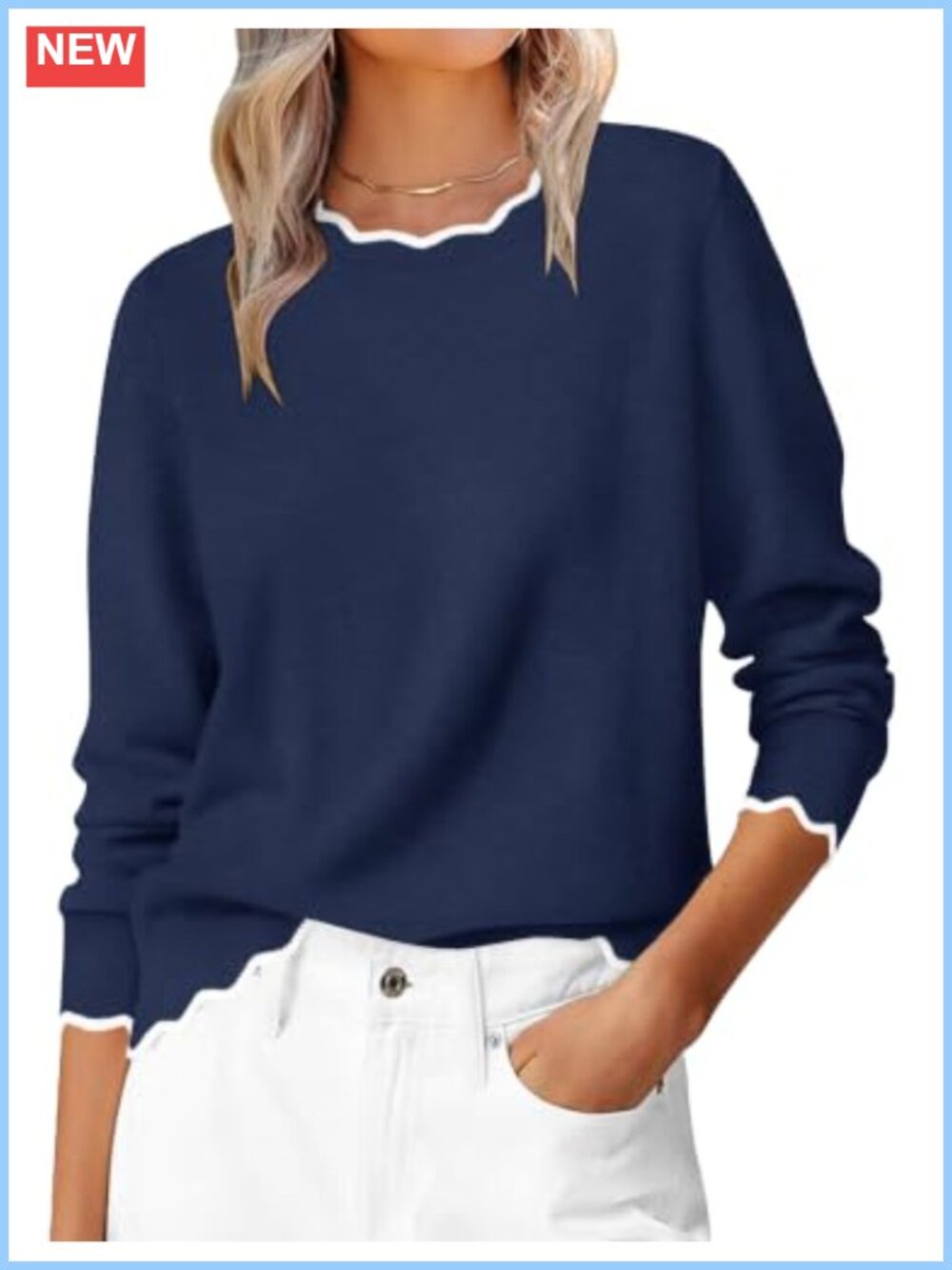 Scalloped Long Sleeve Pullover Women Casual Knit Sweater Relaxed Fit
